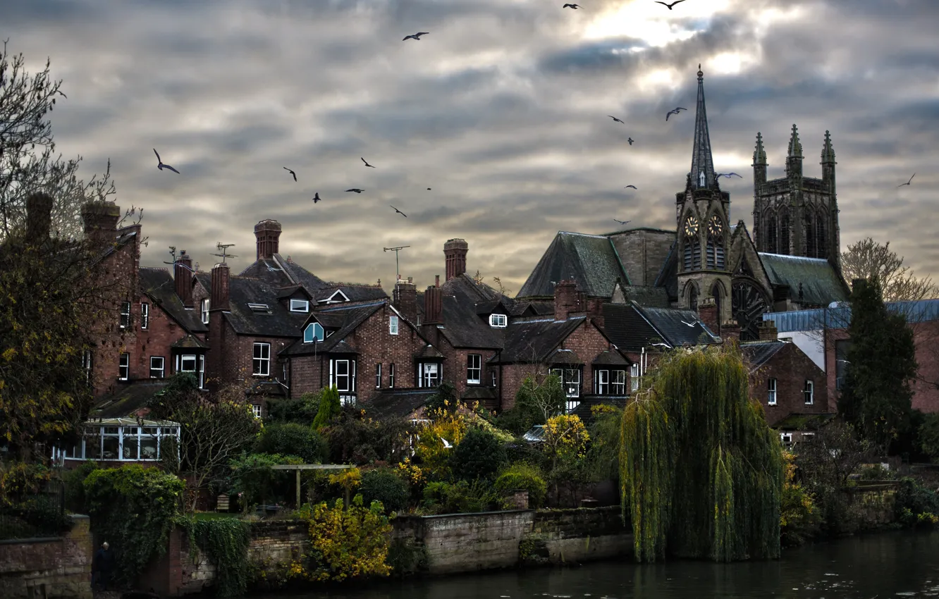 Photo wallpaper the city, river, England, home, Church, resort, Warwickshire, Leamington