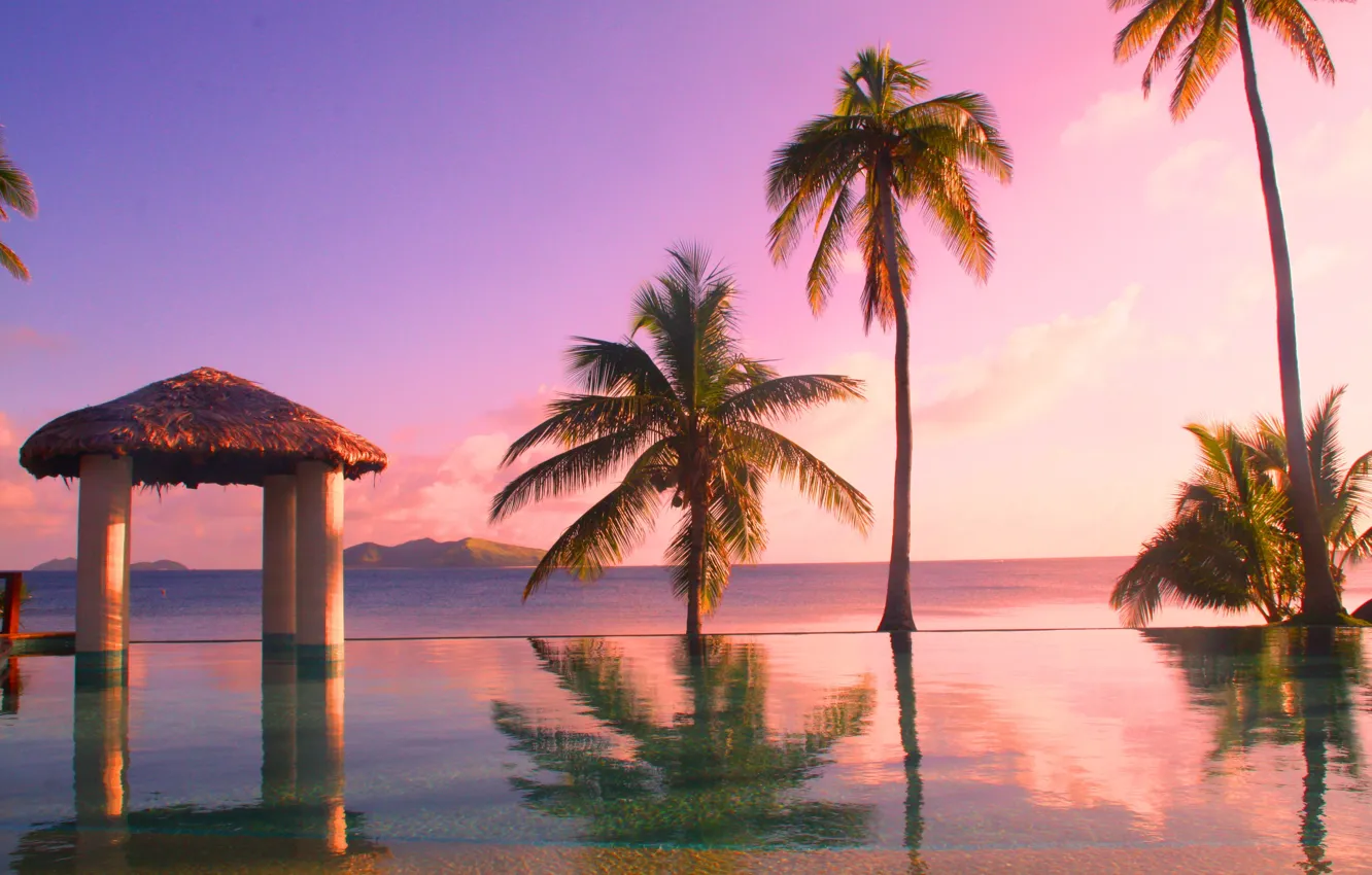 Photo wallpaper landscape, sunset, palm trees, the ocean, the evening, pool, eksotika