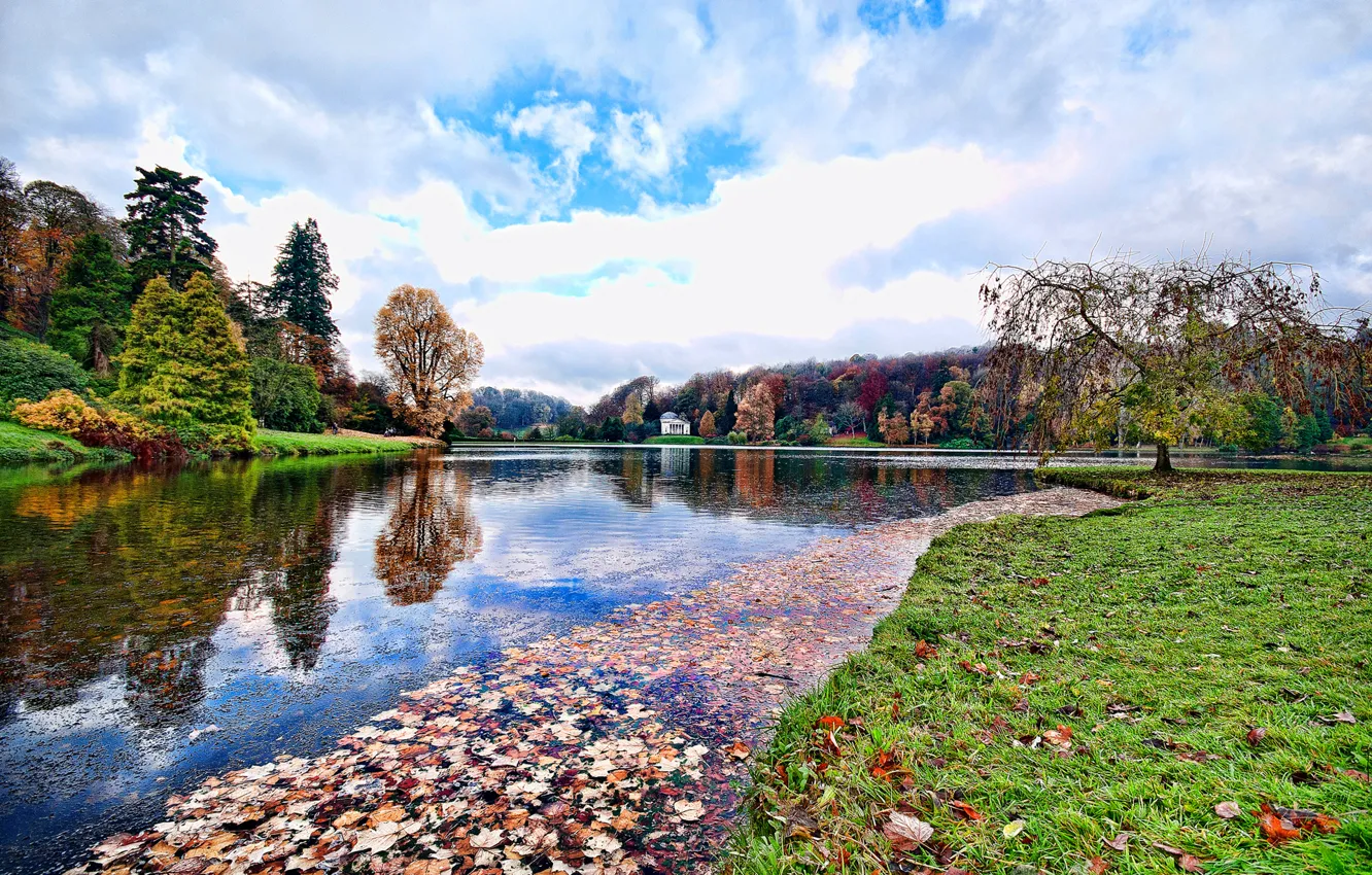 Photo wallpaper autumn, the sky, clouds, trees, pond, England, gazebo, England