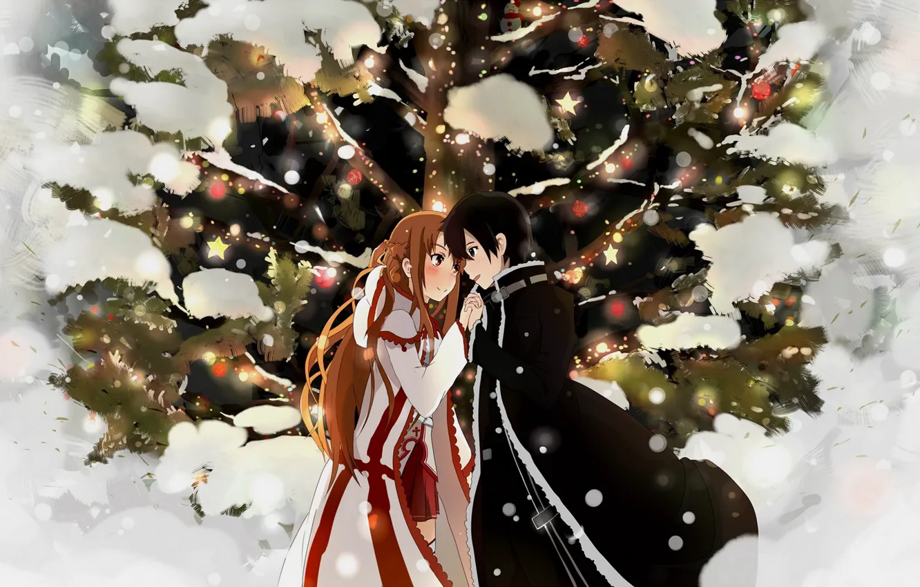 Photo wallpaper winter, anime, art, Sword art online, Sword Art Online, Asuna, Kirito