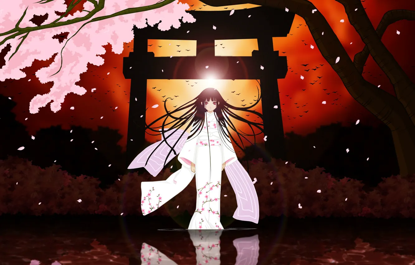 Photo wallpaper night, witch, kimono, vision, Enma Ai, Jigoku Shoujo, Hell girl, blood Moon