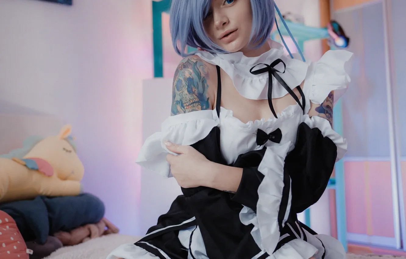 Photo wallpaper look, girl, pose, tattoo, blue hair, cosplay, Rem, Re: Zero