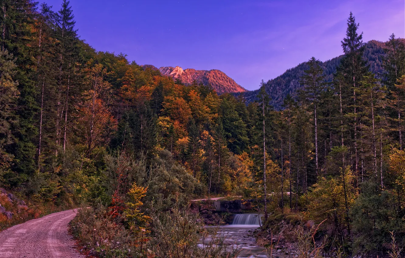 Photo wallpaper autumn, forest, the sky, mountains, waterfall, Austria