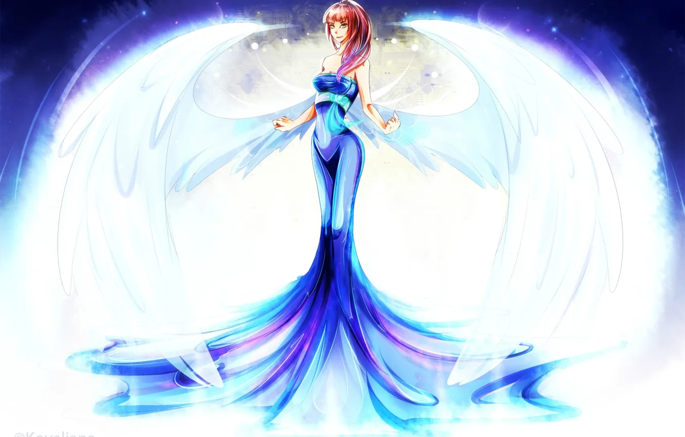 Photo wallpaper wings, blue dress. light, anime. girl. angel
