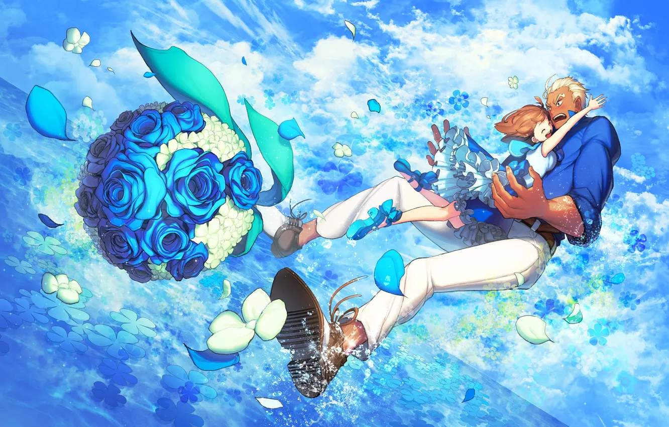 Photo wallpaper water, girl, joy, bouquet, hugs, guy, art, embarrassment