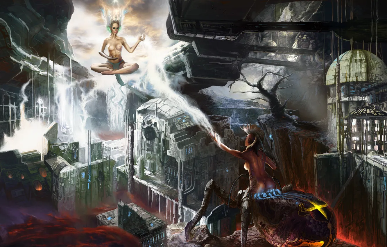 Photo wallpaper girl, the city, magic, wire, lightning, robot, spider, art