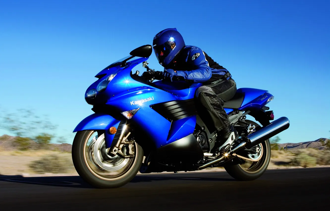 Photo wallpaper road, the sky, blue, speed, motorcycle, Kawasaki