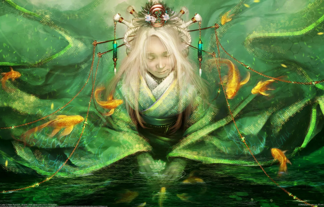 Photo wallpaper green, woman, blonde, oriental clothing