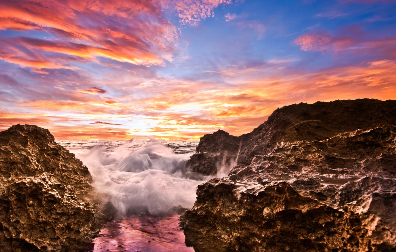 Photo wallpaper wave, the sky, clouds, sunset, bright colors