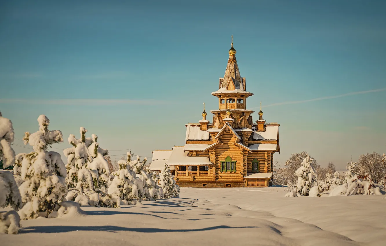 Photo wallpaper winter, snow, trees, landscape, nature, the city, Church, Belokurikha