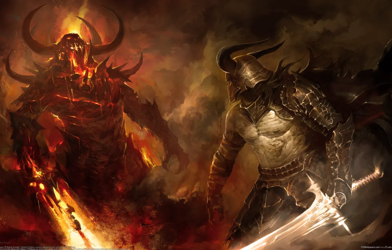 Photo wallpaper fire, the demon, warrior, battle, swords, fight