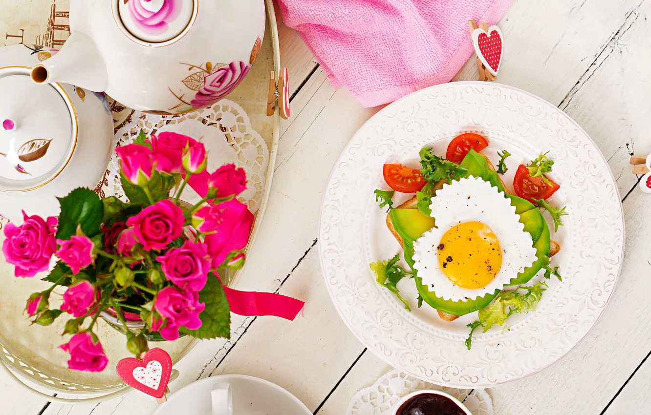 Photo wallpaper love, heart, roses, Breakfast, love, scrambled eggs, vegetables, heart