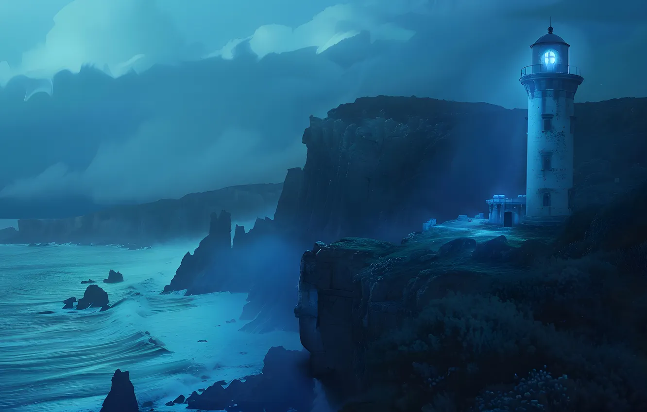Photo wallpaper sea, wave, the sky, clouds, light, night, clouds, fog