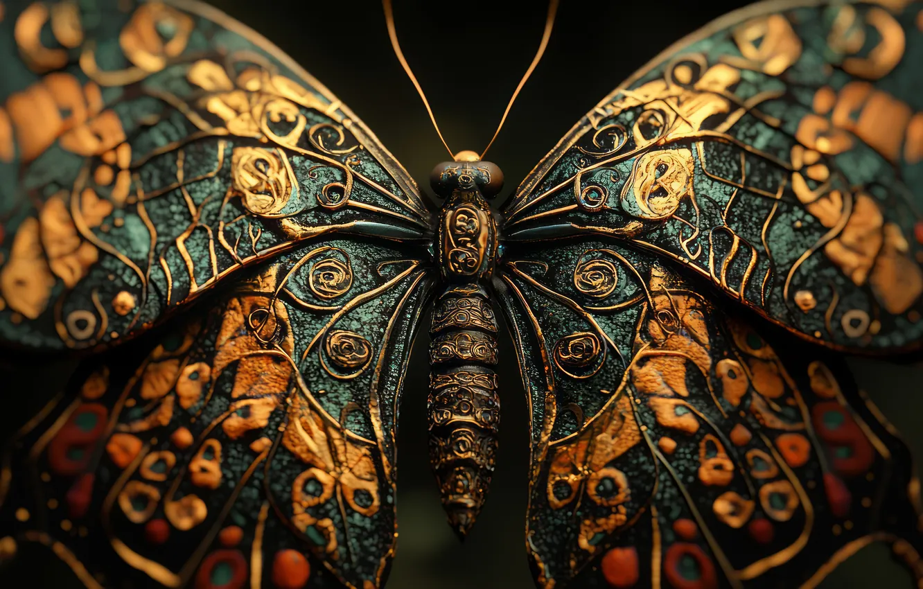 Photo wallpaper decoration, flowers, metal, the dark background, pattern, butterfly, wings, insect