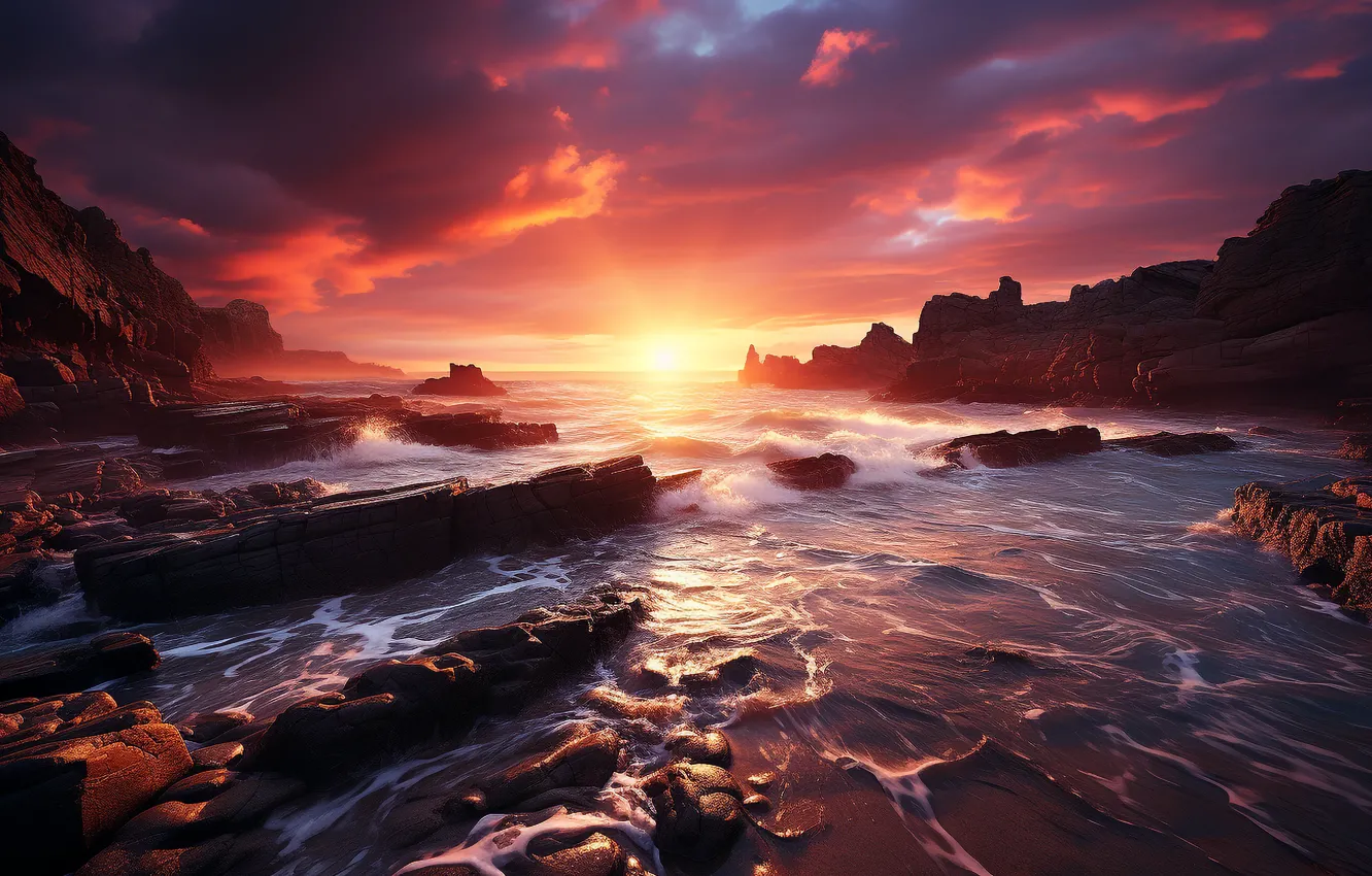 Photo wallpaper sea, wave, the sun, clouds, landscape, sunset, nature, stones