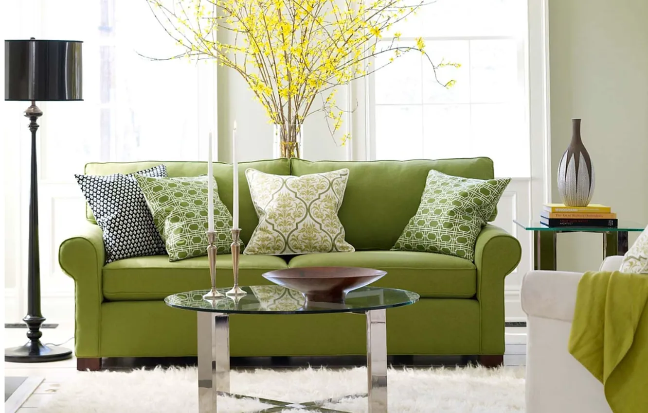 Photo wallpaper design, style, interior, living room, green-sofa