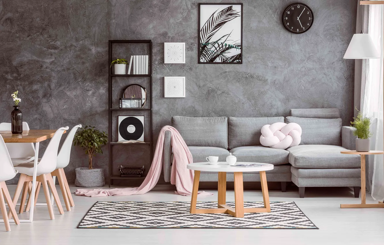 Photo wallpaper table, sofa, carpet, watch, lamp, picture, chair, dishes