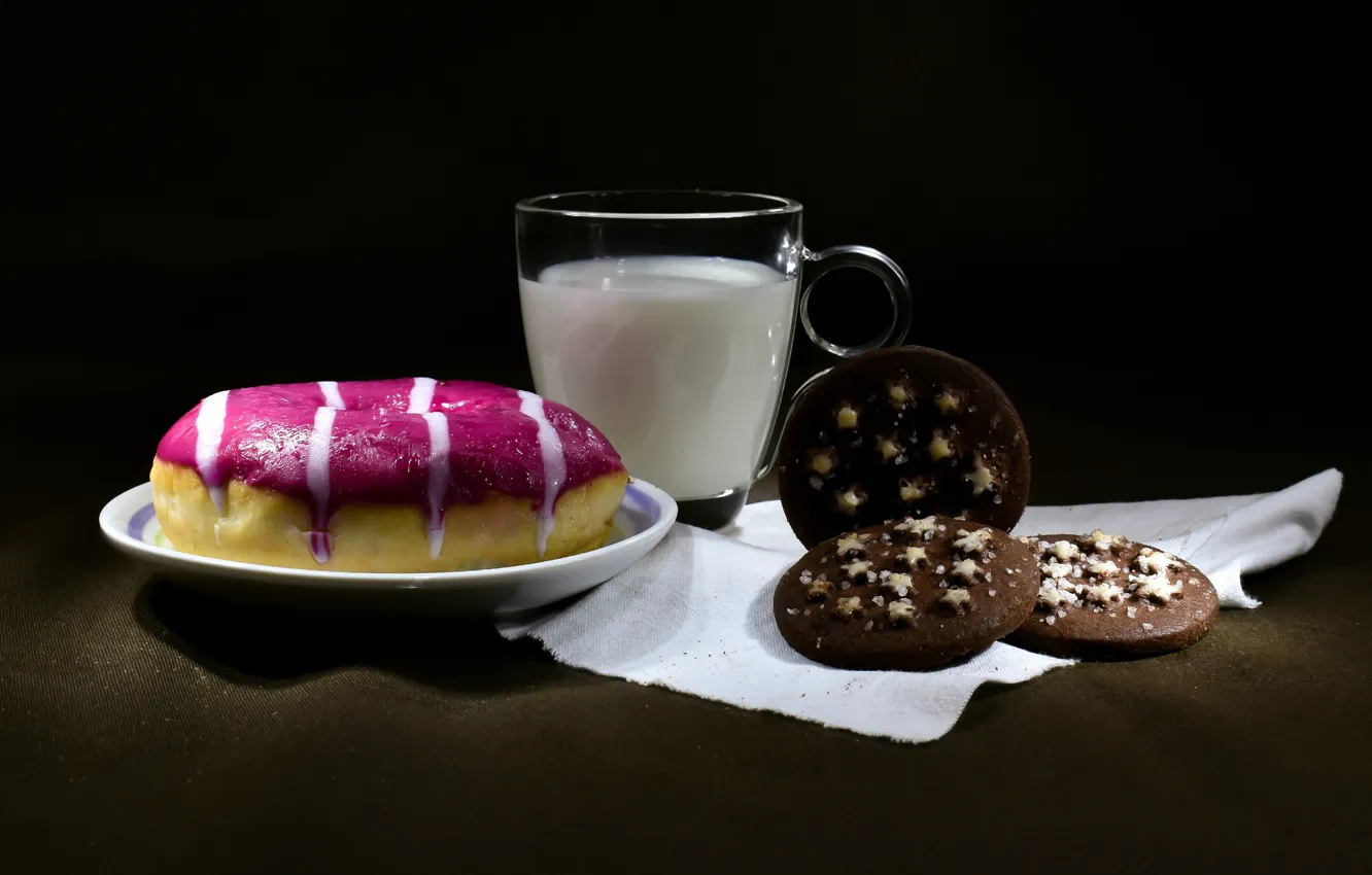 Photo wallpaper the dark background, food, Breakfast, milk, cookies, mug, still life, saucer