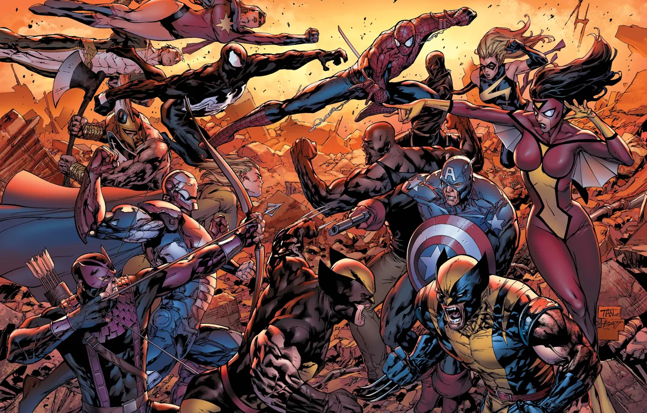 Photo wallpaper captain America, spider-man, Wolverine, new Avengers, Luke cage, female spider