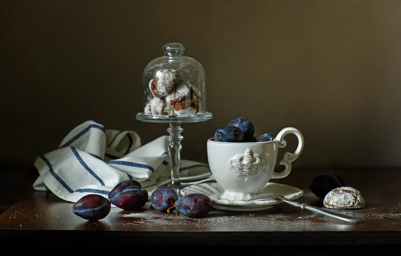Wallpaper glass, table, towel, spoon, mug, Cup, still life, plum