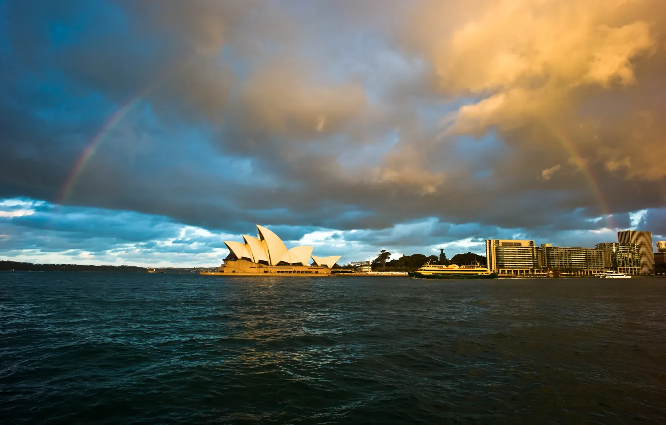 Photo wallpaper the sky, water, clouds, the city, rainbow, Australia, theatre, Sydney