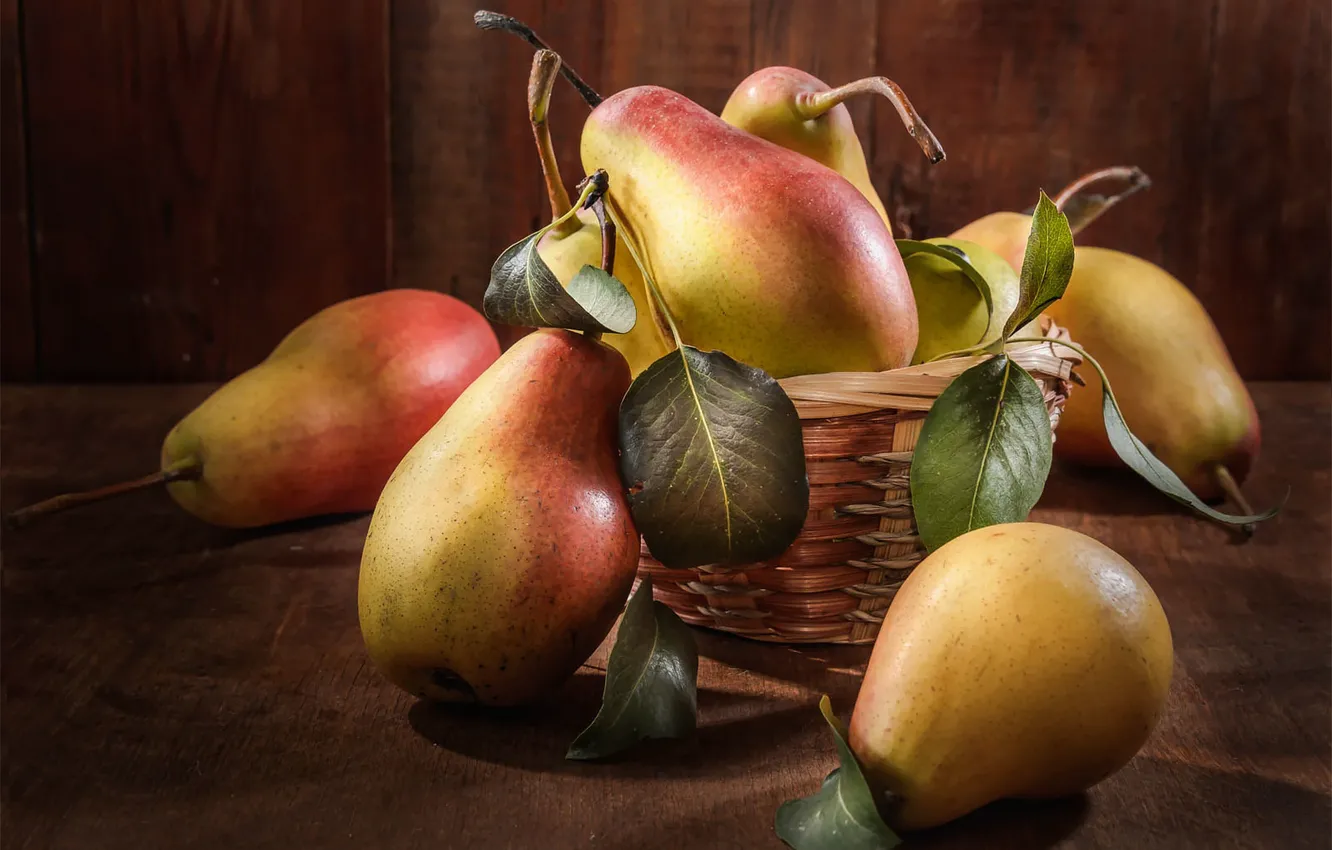 Photo wallpaper leaves, yellow, table, Board, fruit, still life, network, pear