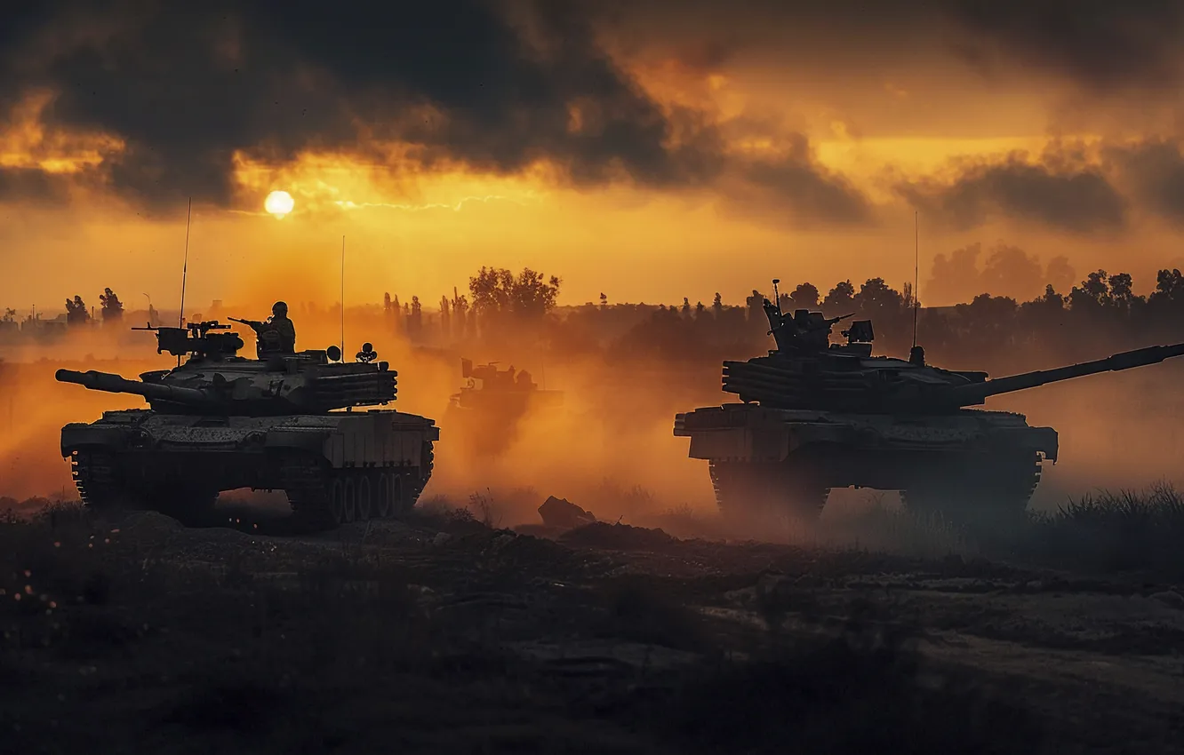 Photo wallpaper the sun, trees, dawn, smoke, dust, tank, digital art, AI art