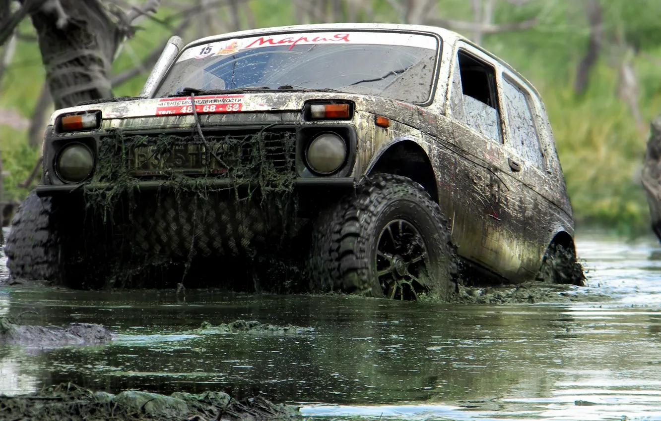 Photo wallpaper swamp, jeep, SUV, off-road, vaz, trophy, Niva, VAZ - 21213