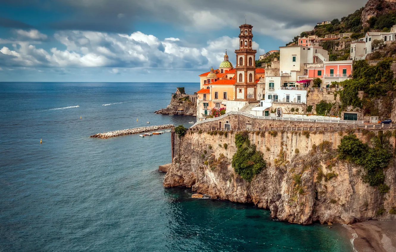 Photo wallpaper sea, rocks, coast, building, home, Italy, Italy, Campania