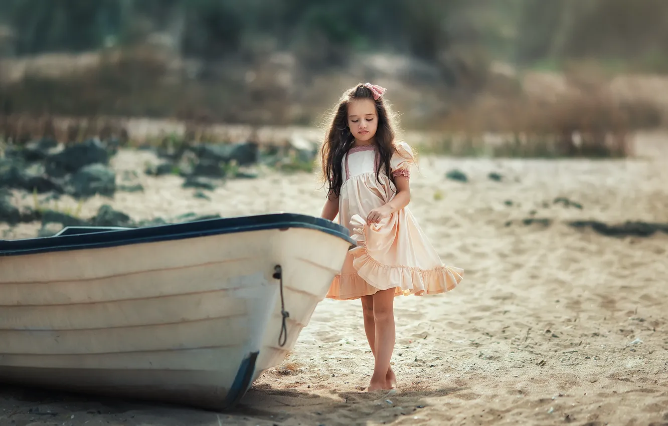 Photo wallpaper sand, nature, boat, girl, child, Anastasia Barmina, Anastasia Barmina