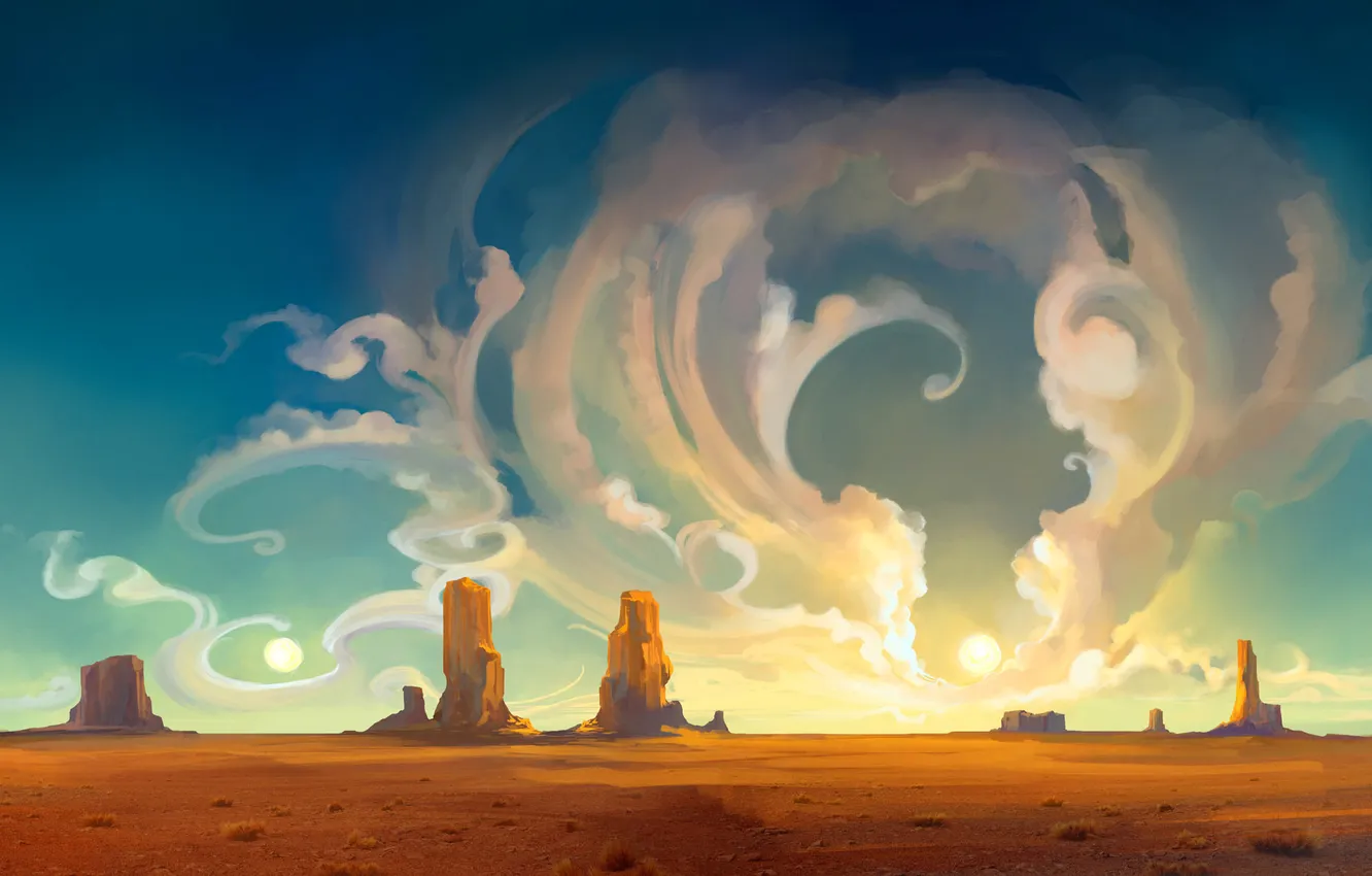 Photo wallpaper the sky, clouds, landscape, sunset, nature, abstraction, rocks, posts