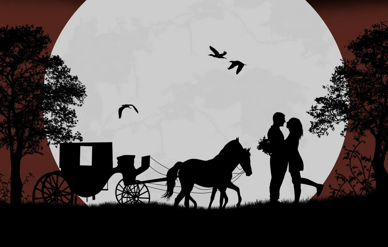 Photo wallpaper trees, love, birds, romance, horse, love, cart, trees