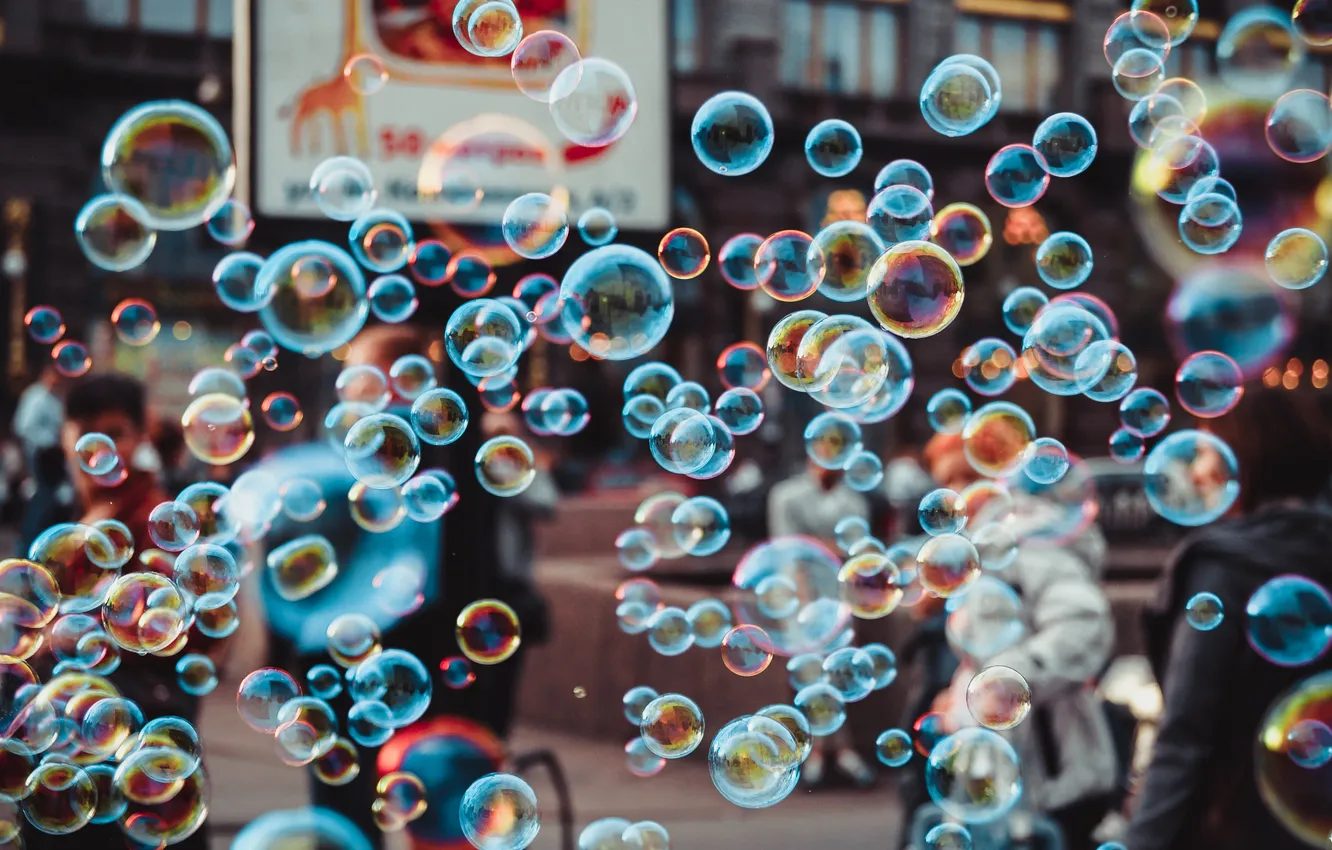 Photo wallpaper color, macro, people, street, Bubbles, soap