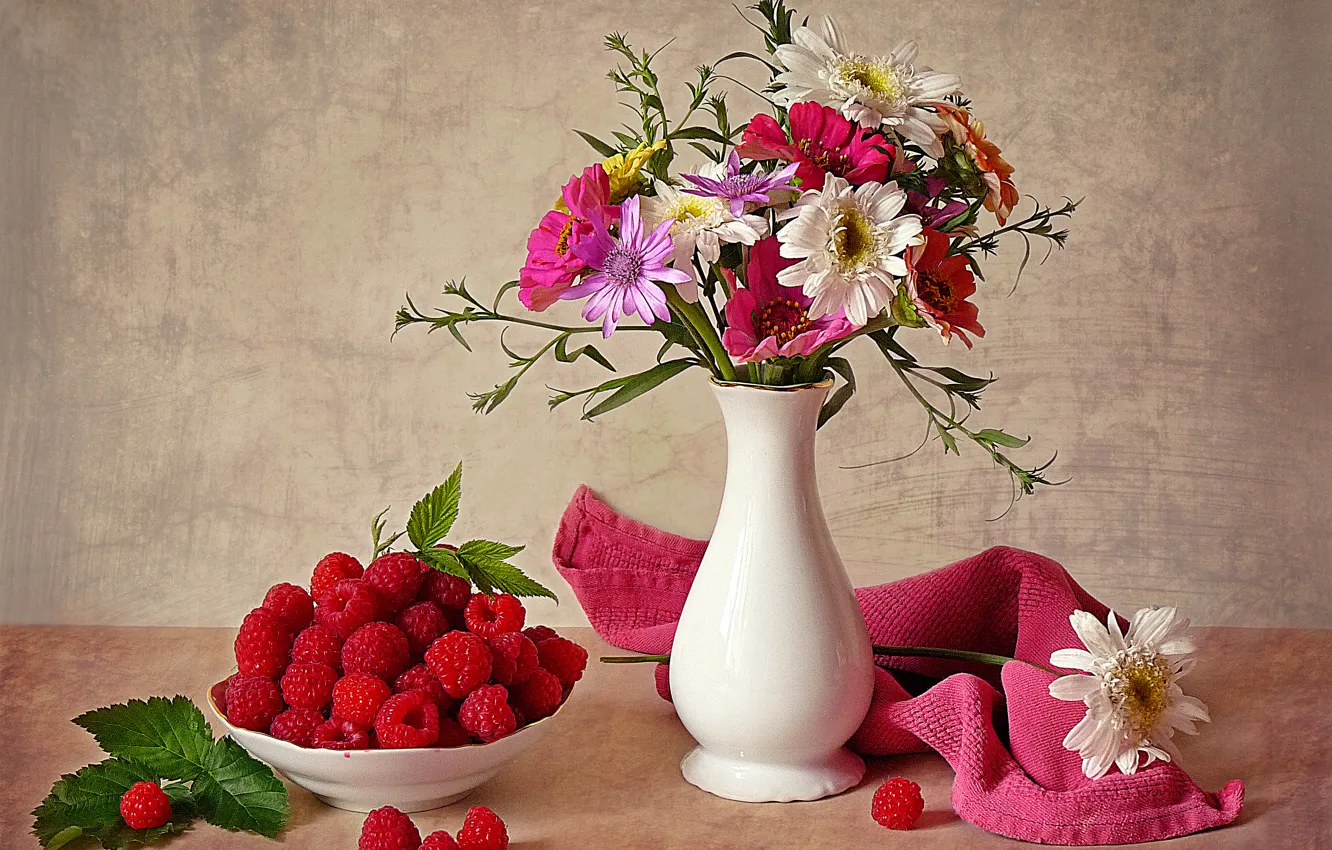 Photo wallpaper summer, the sun, flowers, berries, vase, still life