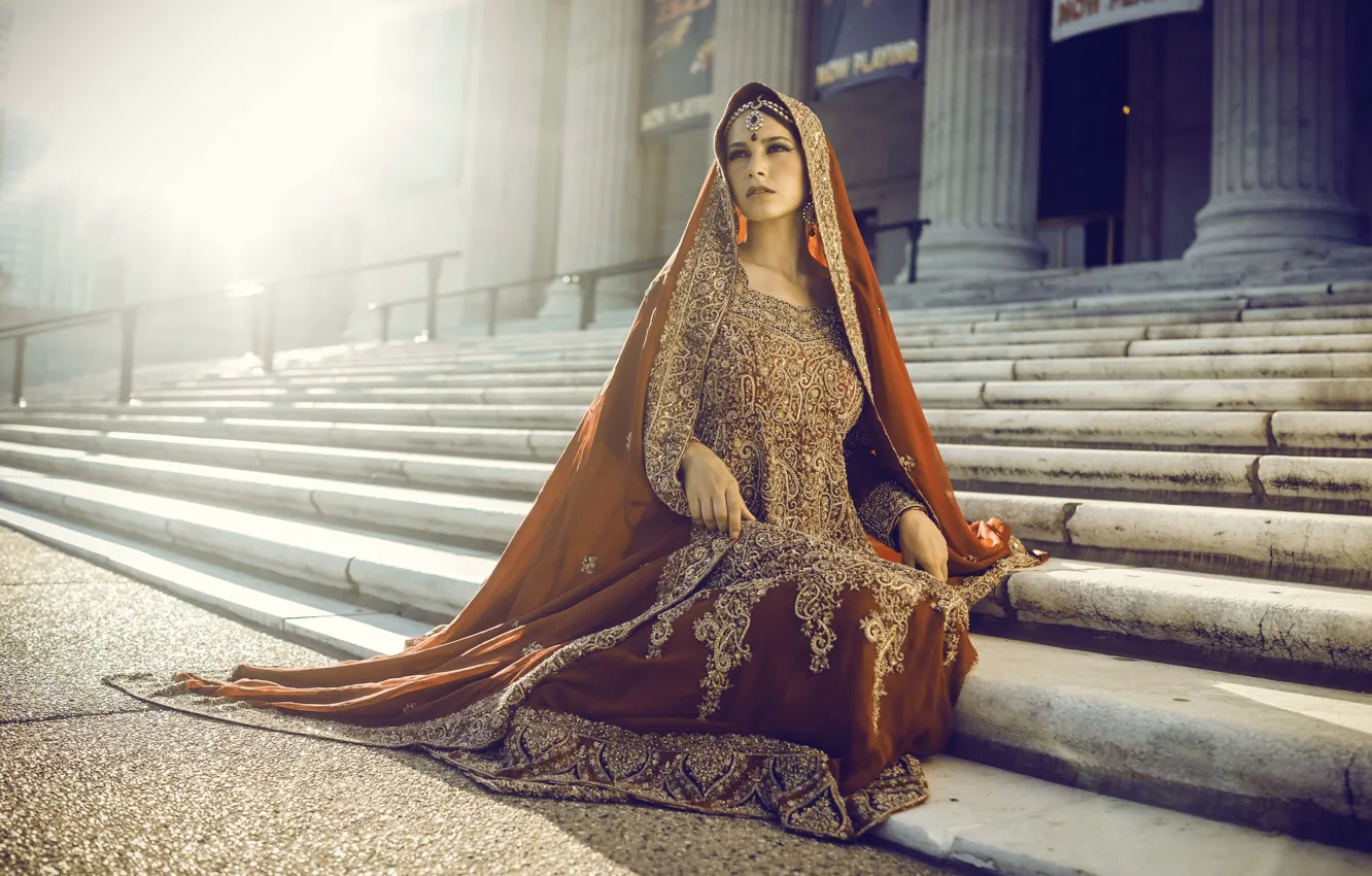 Photo wallpaper girl, pose, sitting, saree