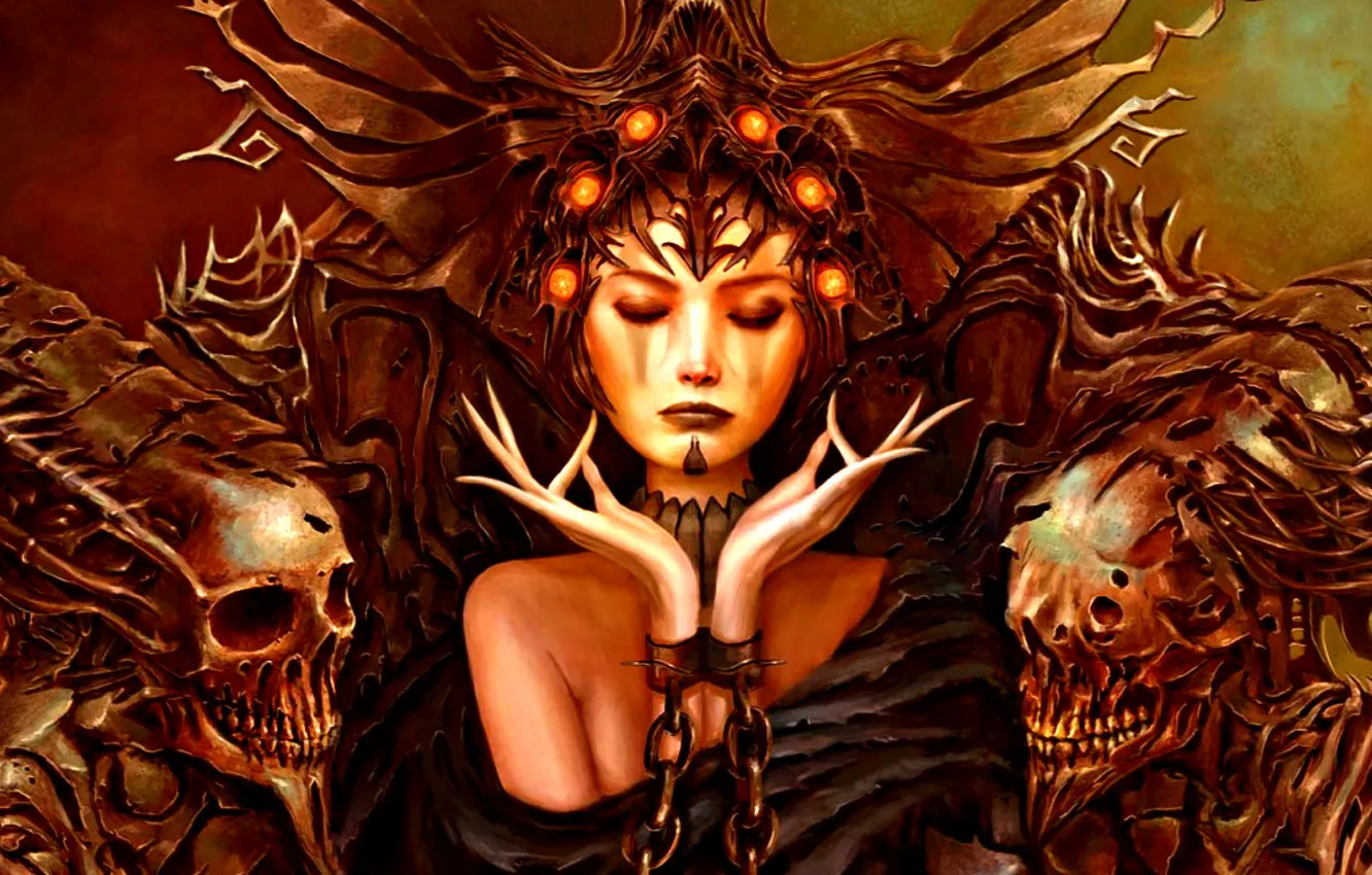 Photo wallpaper skull, ritual, chain, the witch, skulls, closed eyes, fantasy art, Minions