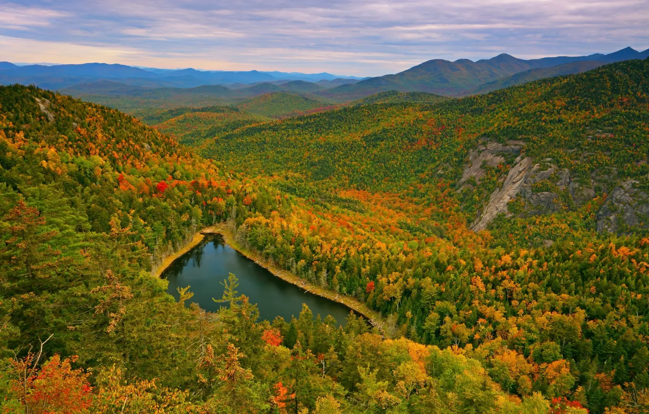 Photo wallpaper autumn, forest, mountains, lake, panorama, the state of new York, Adirondack Mountains, Adirondack mountains
