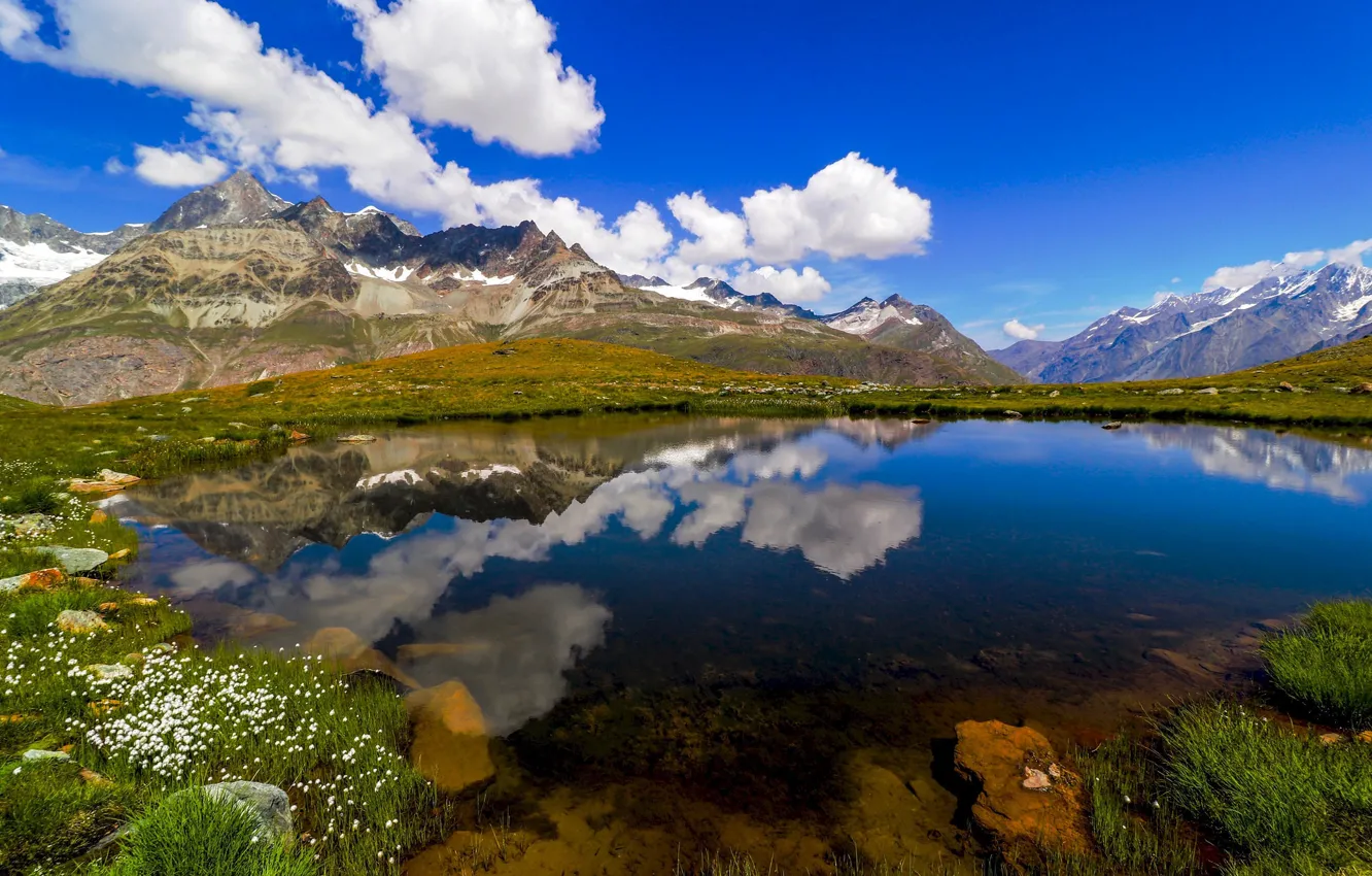 Photo wallpaper the sky, clouds, mountains, lake