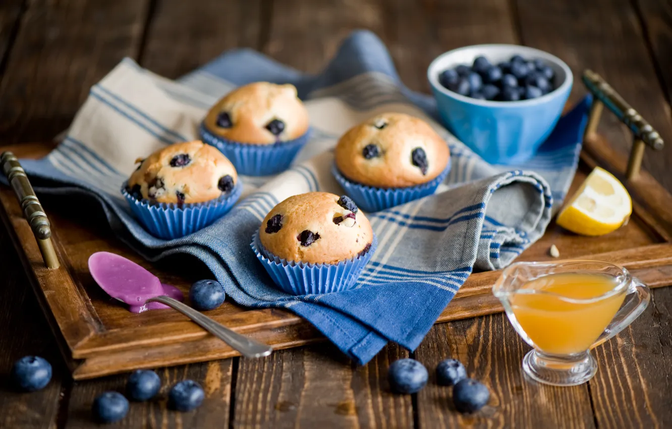 Photo wallpaper berries, lemon, blueberries, spoon, sweets, fruit, dessert, cakes