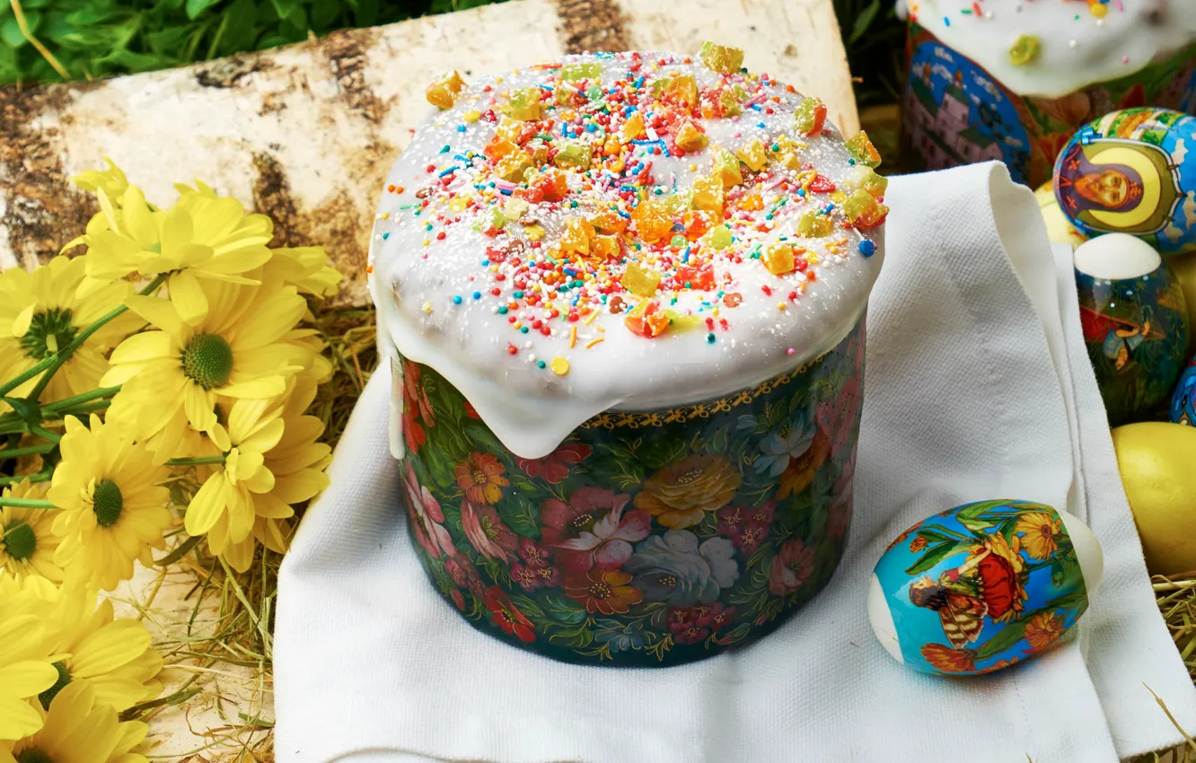 Photo wallpaper flowers, eggs, Easter, cake, glaze