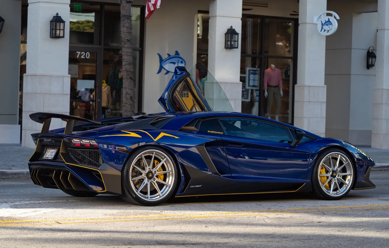 Photo wallpaper blue, supercar, sports car, Lamborghini Aventador SV, Lamborghini Aventador Superveloce