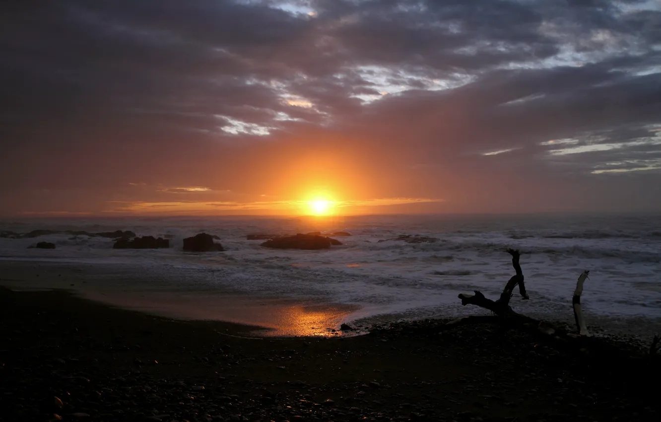 Photo wallpaper sea, beach, the sun, sunset, clouds, stones, caraga