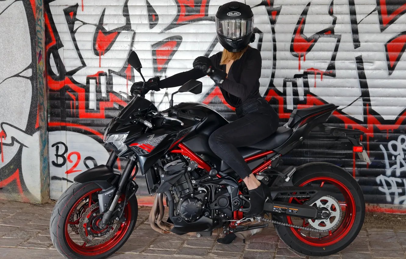 Photo wallpaper girl, street, motorcycle