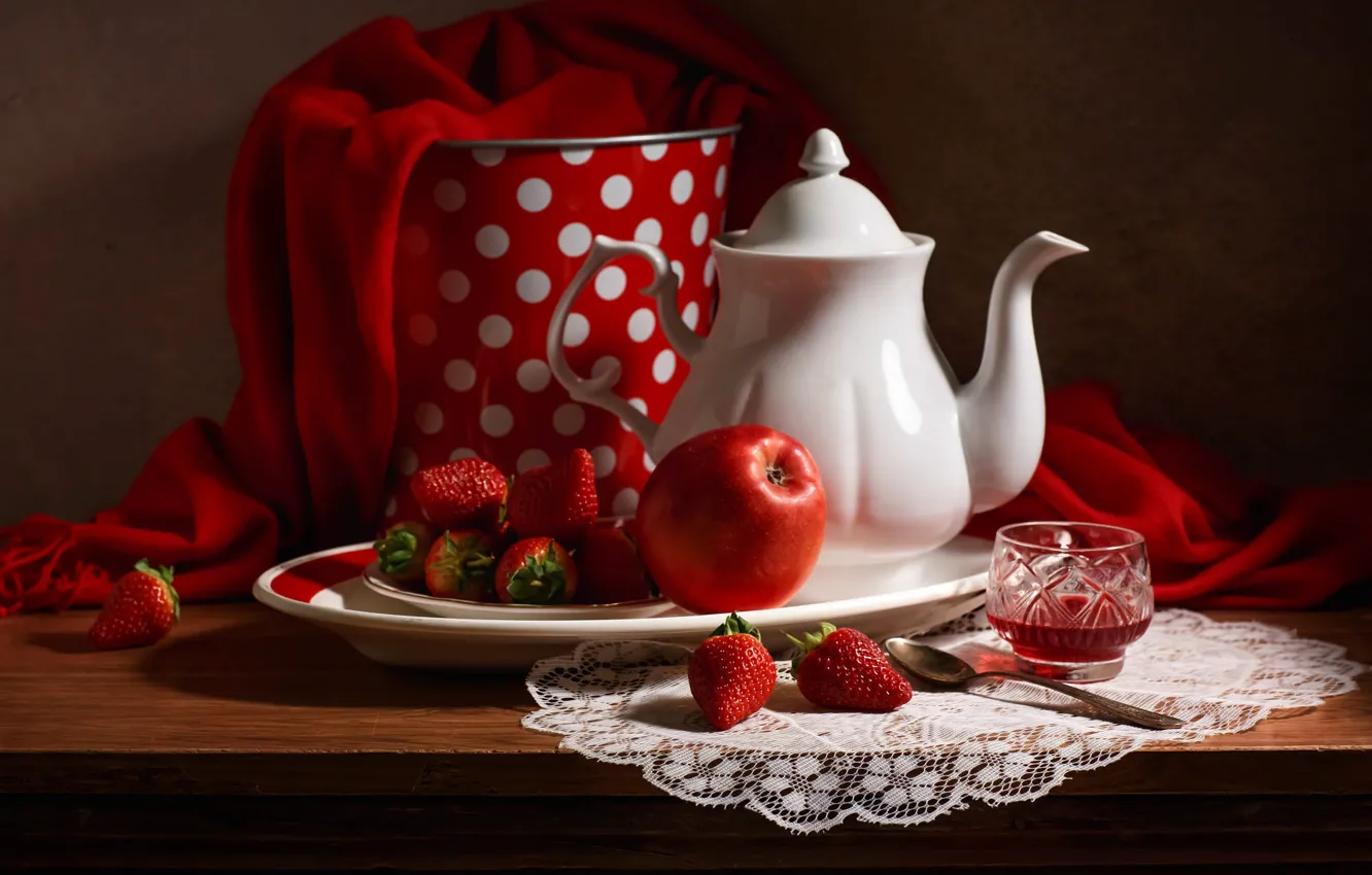 Photo wallpaper red, berries, table, apples, kettle, strawberry, plate, alcohol