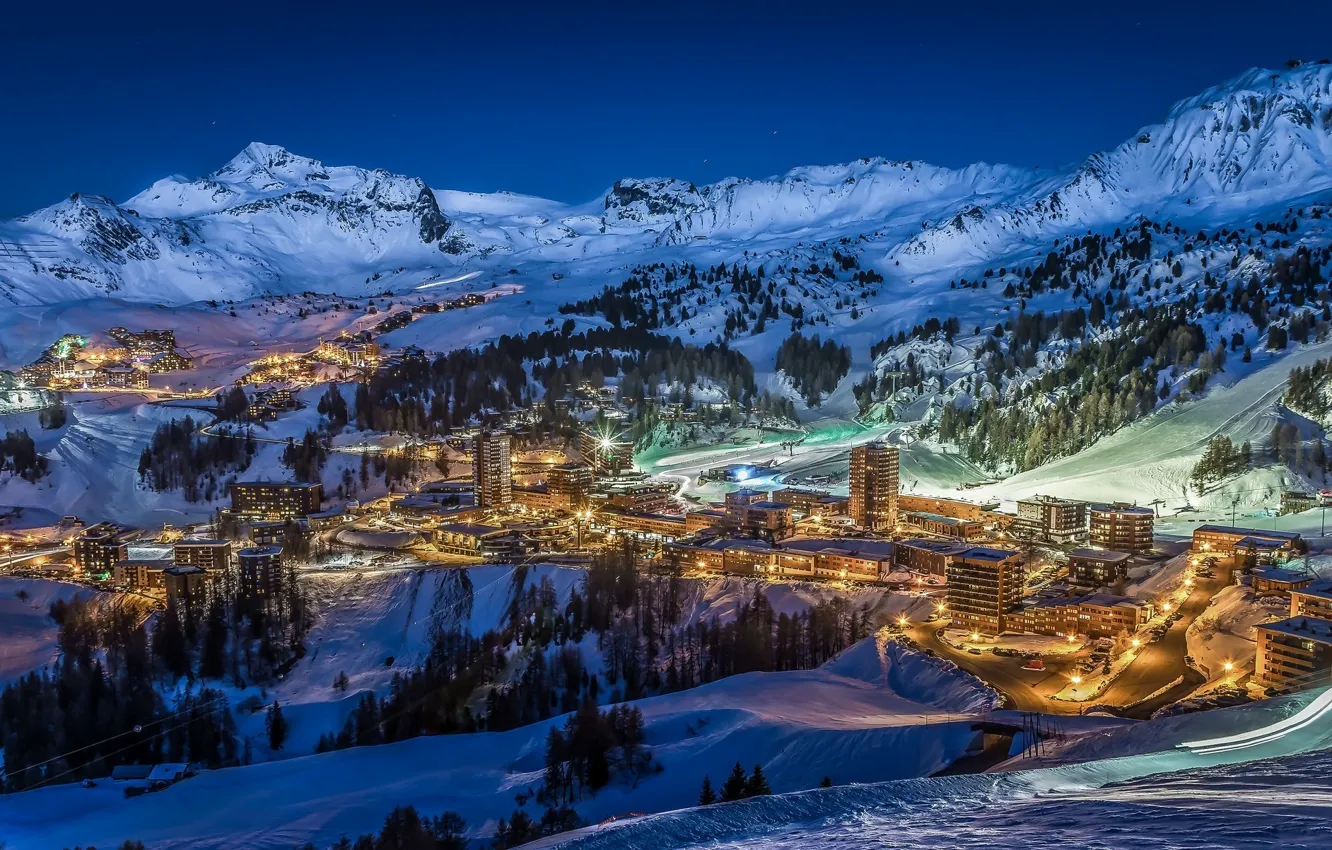 Photo wallpaper winter, landscape, mountains, night, the city, lights