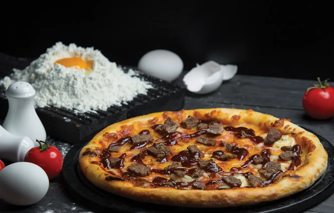 Photo wallpaper eggs, meat, BBQ, pizza, tomatoes, pizza, flour, the dough