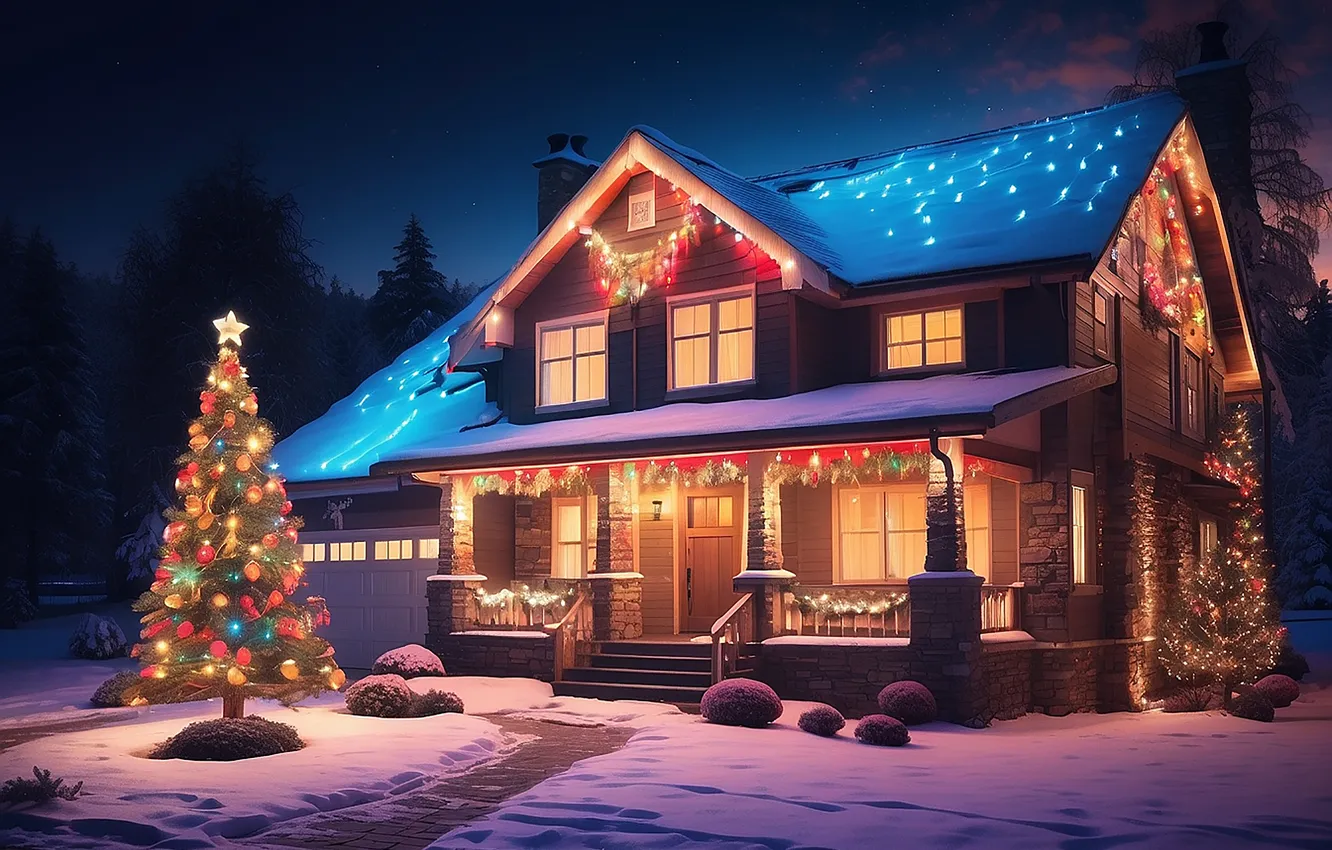 Photo wallpaper snow, decoration, night, lights, tree, new year, home, colorful