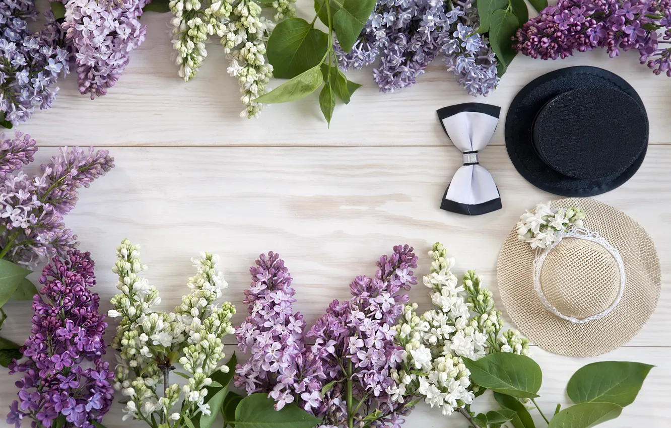 Photo wallpaper flowers, hat, white, wood, flowers, lilac, spring, lilac