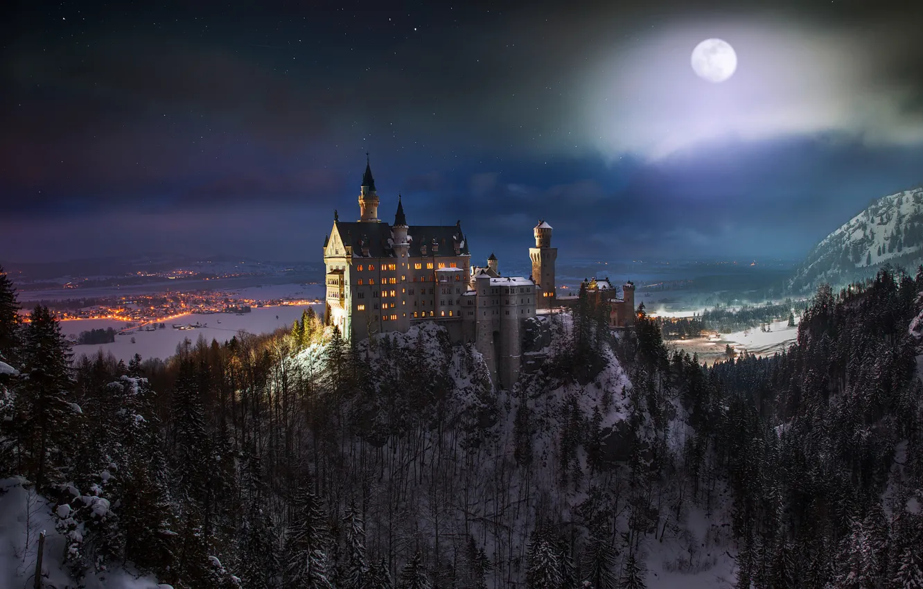 Photo wallpaper night, the moon, Neuschwanstein Castle, South-Western Bavaria, the South of Germany