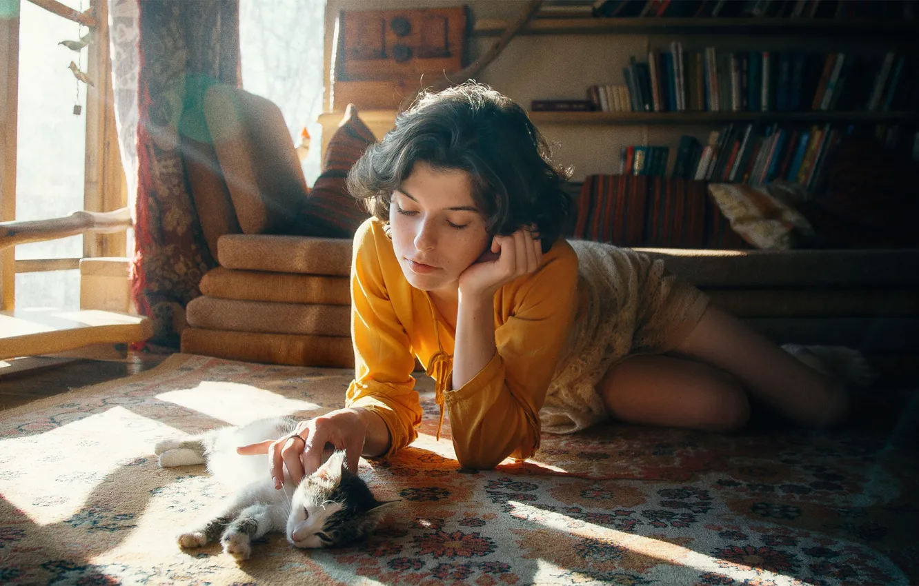 Photo wallpaper cat, girl, light, pose, room, home, window, book